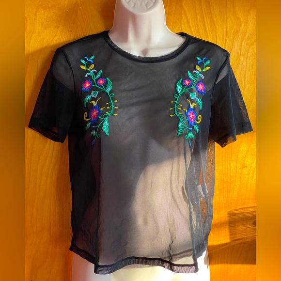 Zara Tops - 3/$20 Like new pretty ZARA Trafaluc black sheer mesh top,floral embroidery,S